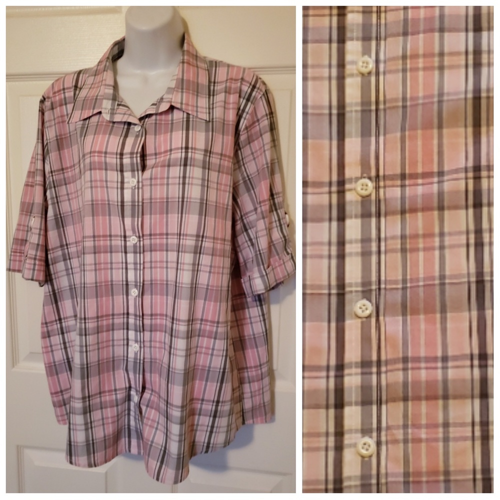 BonWorth Pink Plaid Short Sleeve Large